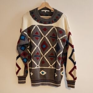 Perry Ellis Multicolor Geometric Crewneck Cotton Sweater Vintage Sz L